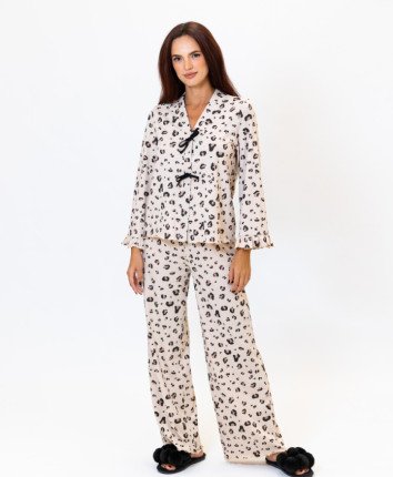 Pijama-pantaloni T23700 Bej print leopard