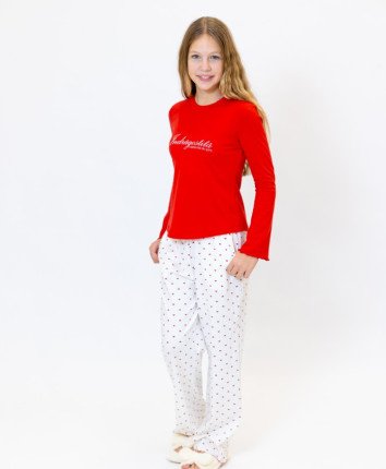 Pijama-pantaloni fete TF23706 Rosu- Ivory print inimi